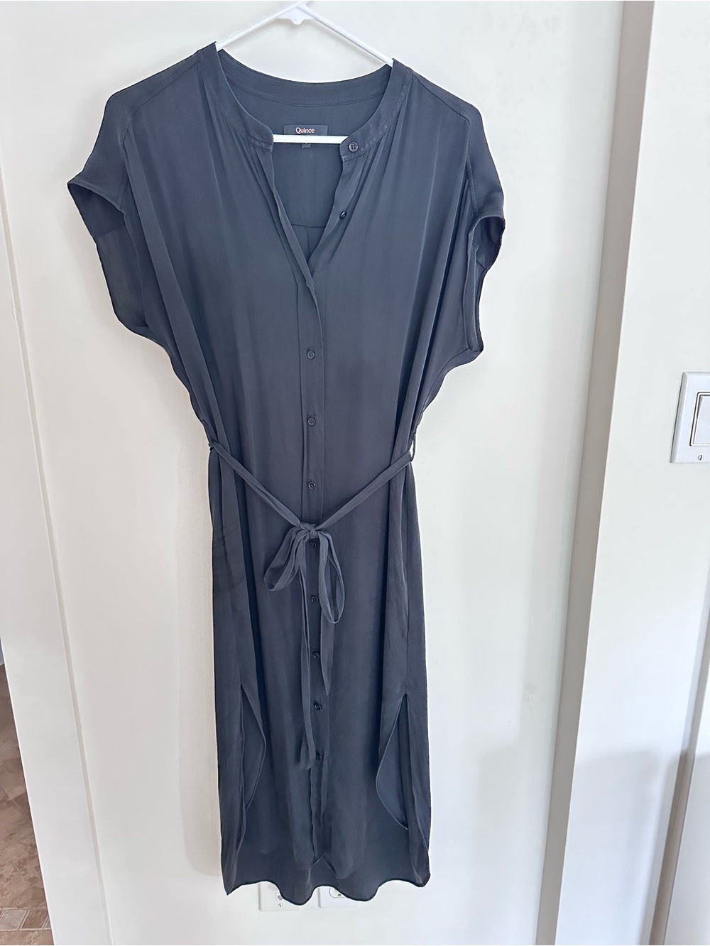 Quince washable stretch silk midi shirt dress in black